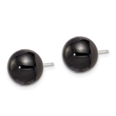 QE6348 Sterling Silver Rhod-pltd 10-10.5mm Black Agate Button Post Earrings