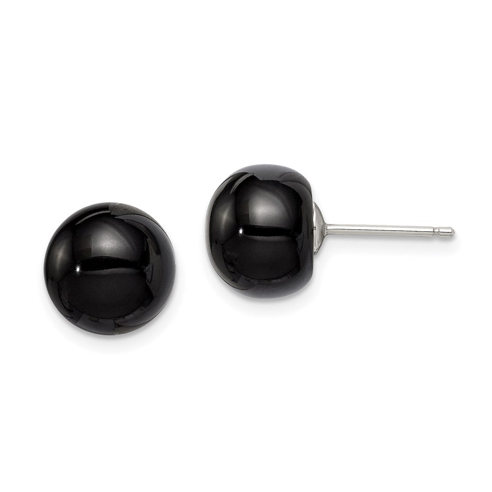 QE6348 Sterling Silver Rhod-pltd 10-10.5mm Black Agate Button Post Earrings