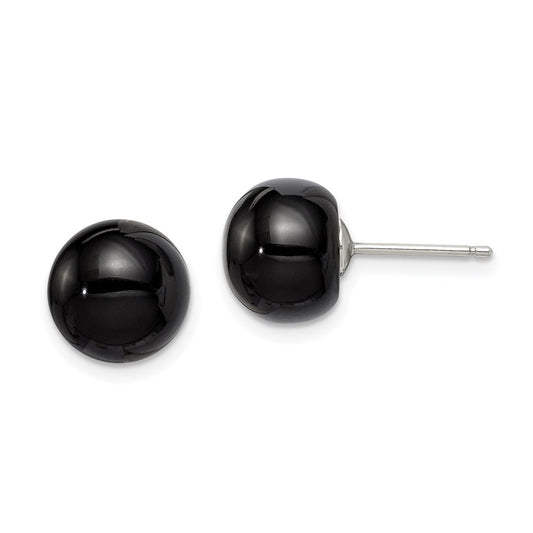 QE6348 Sterling Silver Rhod-pltd 10-10.5mm Black Agate Button Post Earrings