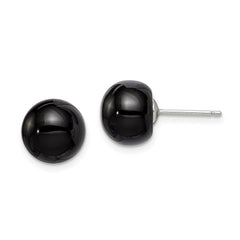 QE6348 Sterling Silver Rhod-pltd 10-10.5mm Black Agate Button Post Earrings