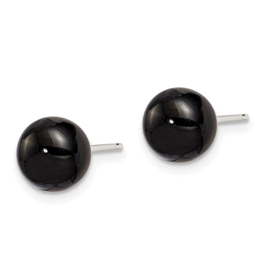 QE6349 Sterling Silver Rhod-pltd 8-8.5mm Black Agate Button Post Earrings