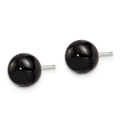 QE6349 Sterling Silver Rhod-pltd 8-8.5mm Black Agate Button Post Earrings