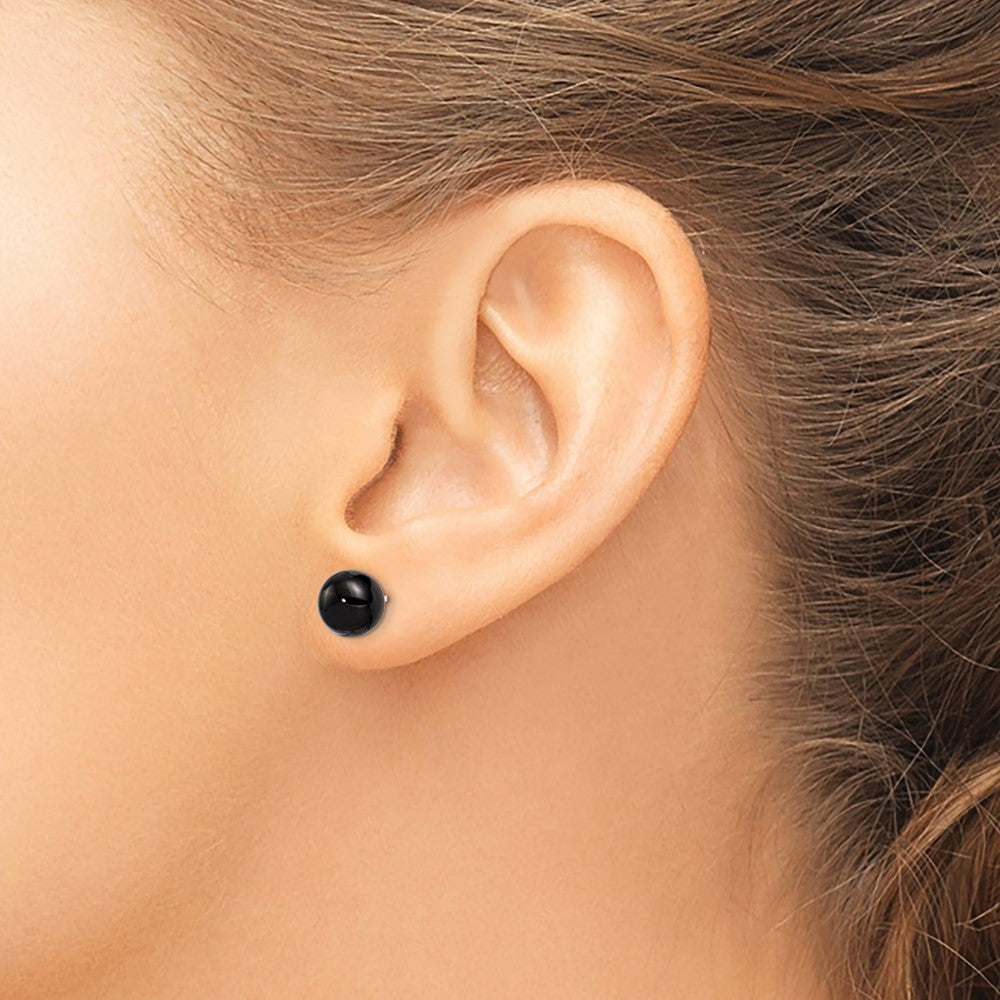 QE6349 Sterling Silver Rhod-pltd 8-8.5mm Black Agate Button Post Earrings