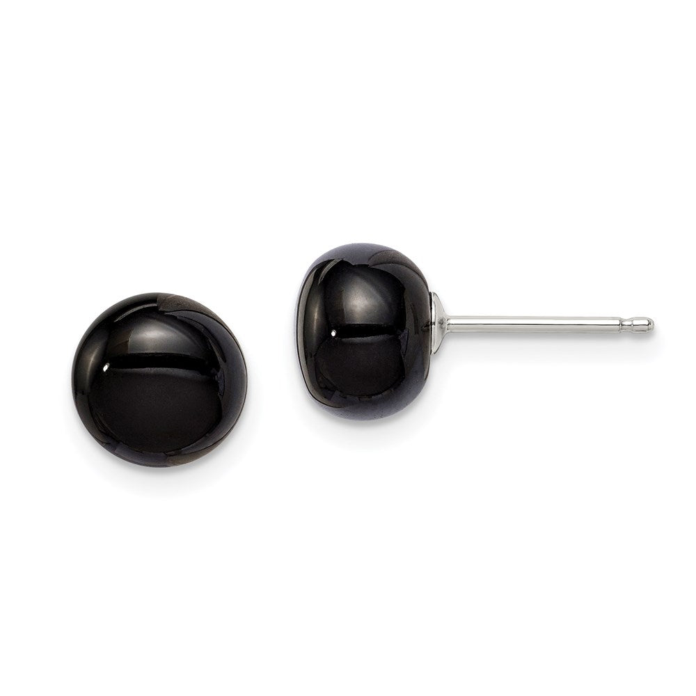 QE6349 Sterling Silver Rhod-pltd 8-8.5mm Black Agate Button Post Earrings