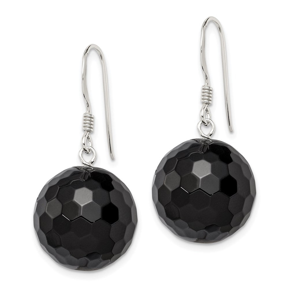 QE6362 Sterling Silver Polished 17mm Faceted Onyx Bead Dangle Earrings
