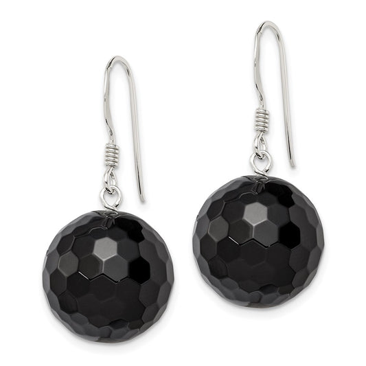 QE6362 Sterling Silver Polished 17mm Faceted Onyx Bead Dangle Earrings