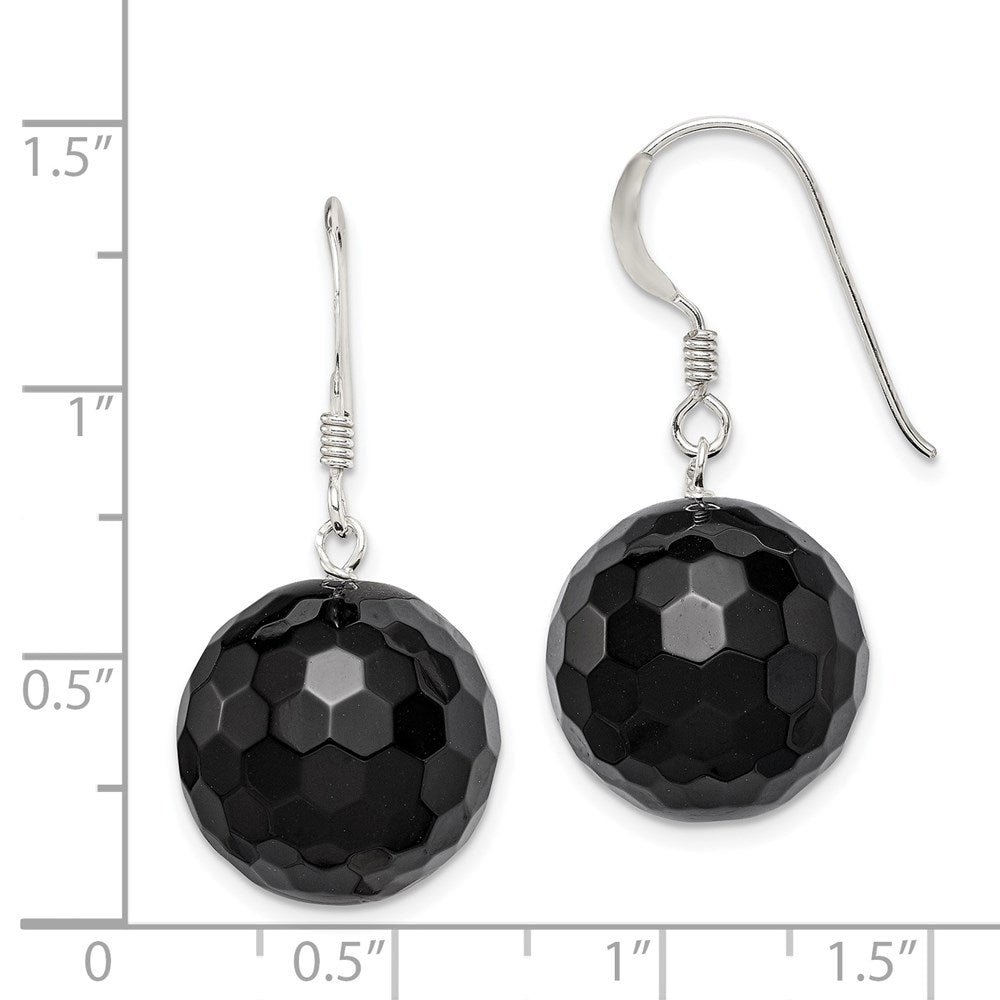 QE6362 Sterling Silver Polished 17mm Faceted Onyx Bead Dangle Earrings