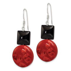 QE6371 Sterling Silver Polished Black Agate & Recon. Red Coral Dangle Earrings
