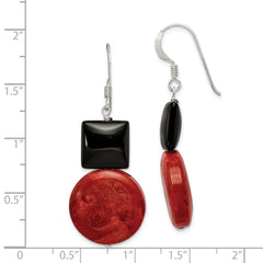 QE6371 Sterling Silver Polished Black Agate & Recon. Red Coral Dangle Earrings