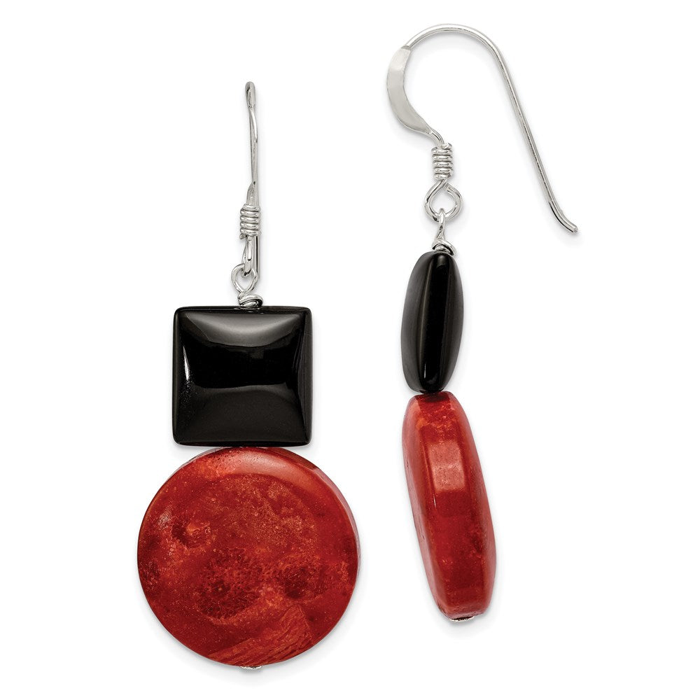 QE6371 Sterling Silver Polished Black Agate & Recon. Red Coral Dangle Earrings