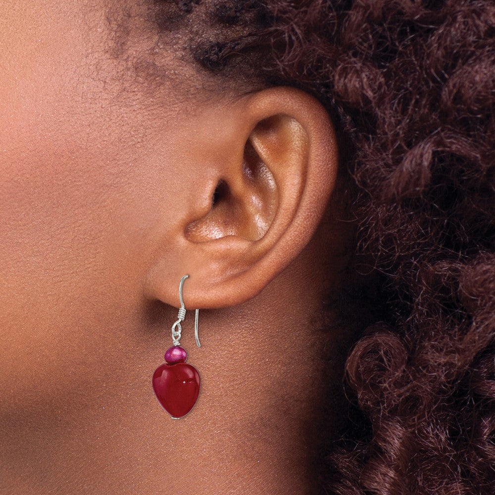 QE6380 Sterling Silver Polished Red FWC Pearl & Red Jade Heart Dangle Earrings