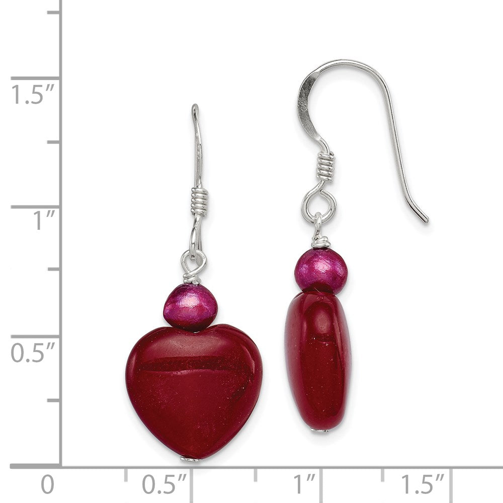 QE6380 Sterling Silver Polished Red FWC Pearl & Red Jade Heart Dangle Earrings