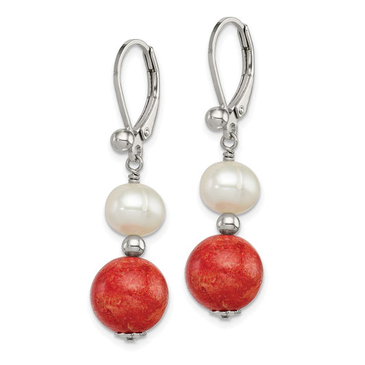 QE6382 Sterling Silver Rhod-pltd FWC Pearl/Recons. Red Coral Dangle Earrings