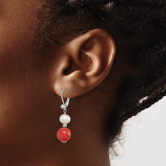 QE6382 Sterling Silver Rhod-pltd FWC Pearl/Recons. Red Coral Dangle Earrings