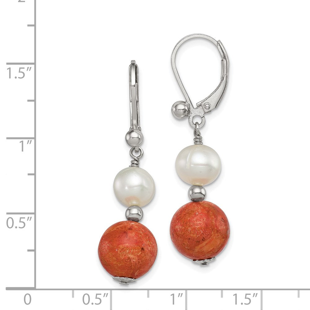 QE6382 Sterling Silver Rhod-pltd FWC Pearl/Recons. Red Coral Dangle Earrings