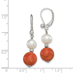 QE6382 Sterling Silver Rhod-pltd FWC Pearl/Recons. Red Coral Dangle Earrings