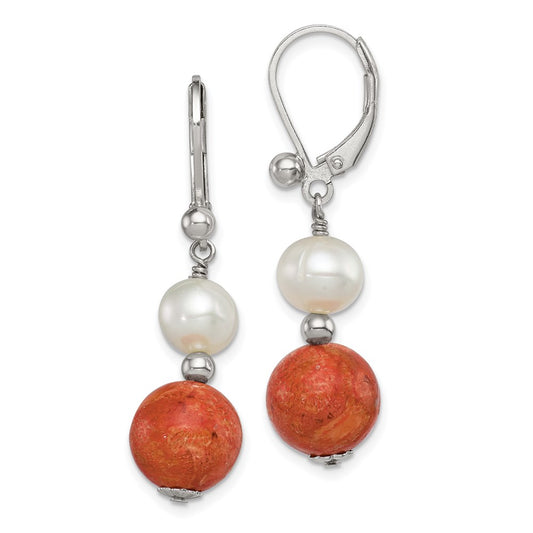 QE6382 Sterling Silver Rhod-pltd FWC Pearl/Recons. Red Coral Dangle Earrings