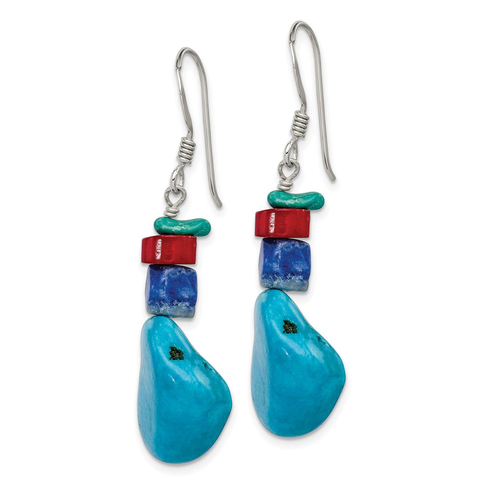 QE6386 Sterling Silver Red Coral/Howlite/Lapis/Turquoise Dangle Earrings