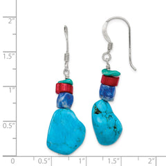 QE6386 Sterling Silver Red Coral/Howlite/Lapis/Turquoise Dangle Earrings