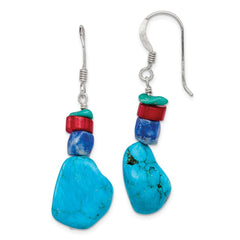 QE6386 Sterling Silver Red Coral/Howlite/Lapis/Turquoise Dangle Earrings