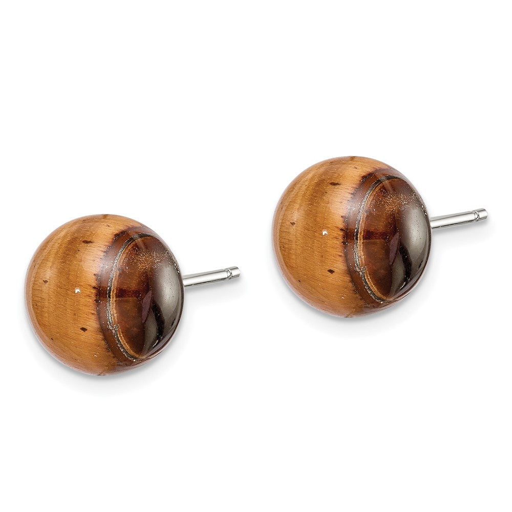 QE6434 Sterling Silver Rhod-pltd 10mm Tiger's Eye Button Post Earrings