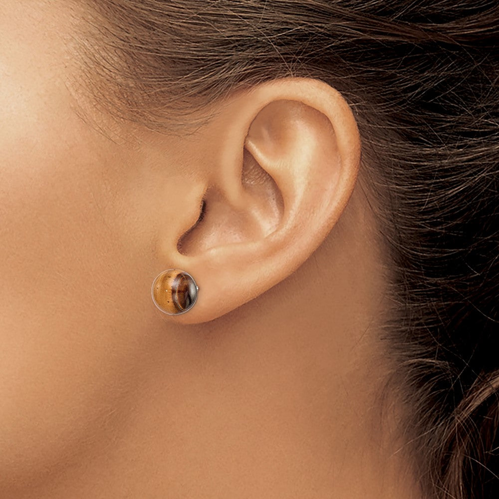 QE6434 Sterling Silver Rhod-pltd 10mm Tiger's Eye Button Post Earrings