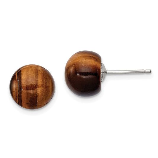 QE6434 Sterling Silver Rhod-pltd 10mm Tiger's Eye Button Post Earrings