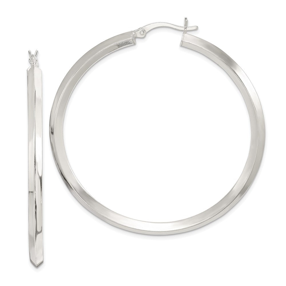 QE6503 Sterling Silver Polished 3x50mm Knife Edge Round Hoop Earrings