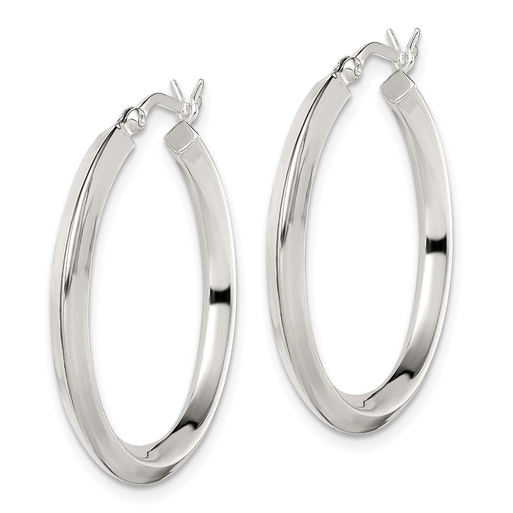QE6504 Sterling Silver Polished 3x30mm Knife Edge Round Hoop Earrings