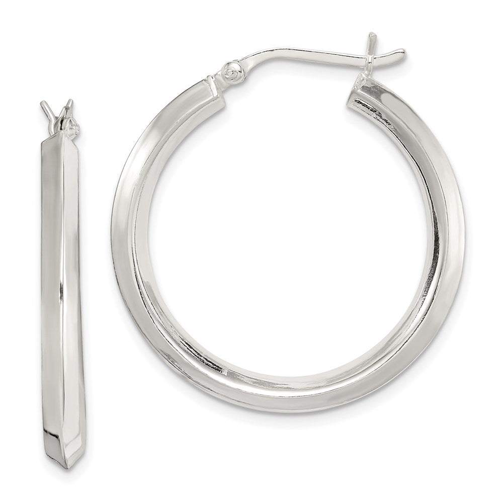 QE6504 Sterling Silver Polished 3x30mm Knife Edge Round Hoop Earrings