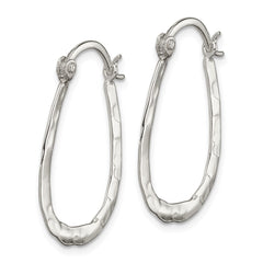 QE6621 Sterling Silver Polished & Hammered Oval Hoop Earrings