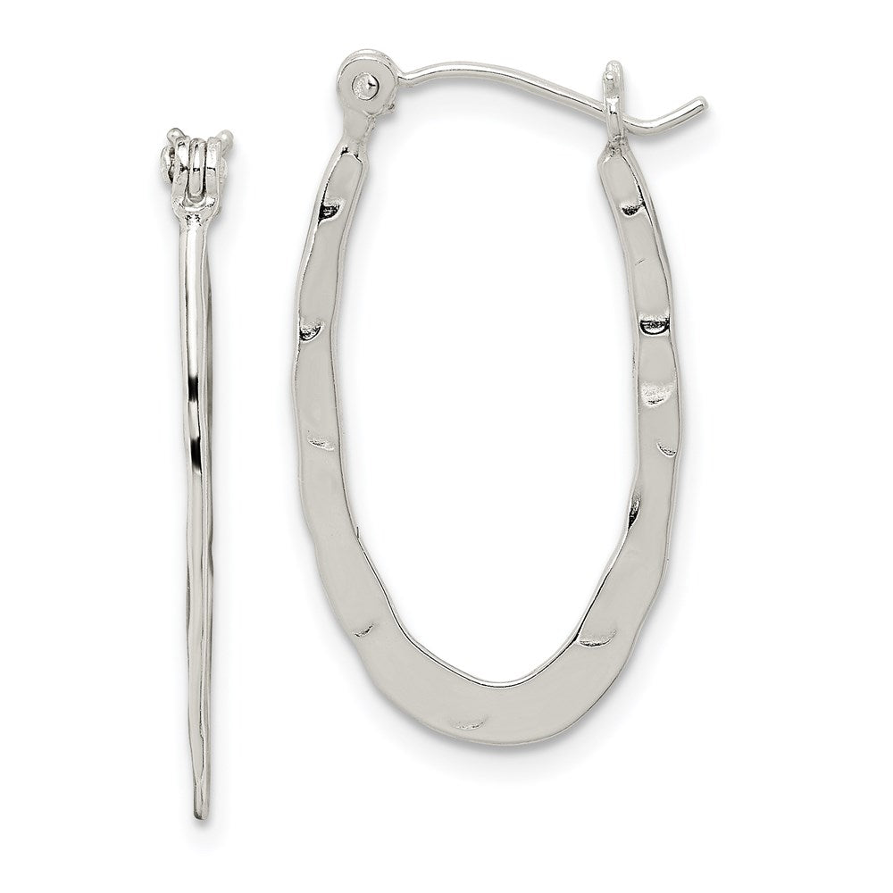 QE6622 Sterling Silver Polished & Hammered Oval Hoop Earrings