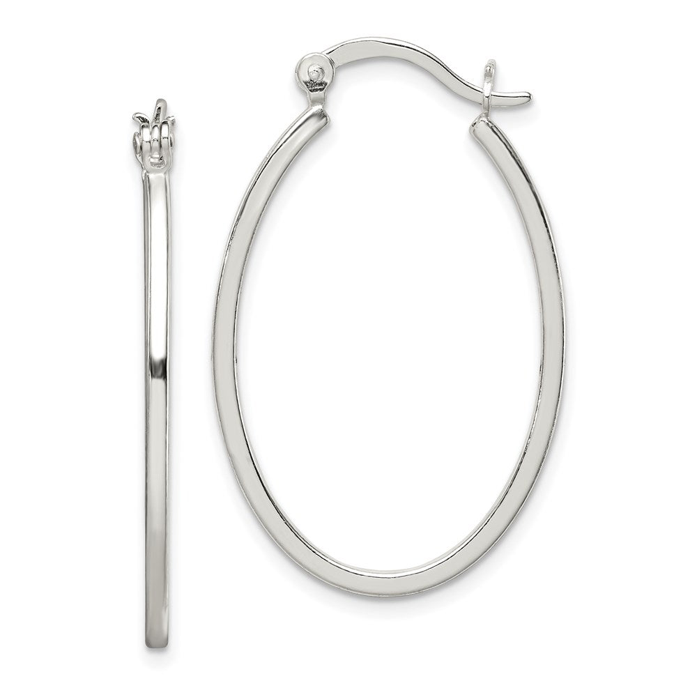 QE6624 Sterling Silver Polished 1.5mm Square Tube Oval Hoop Earrings
