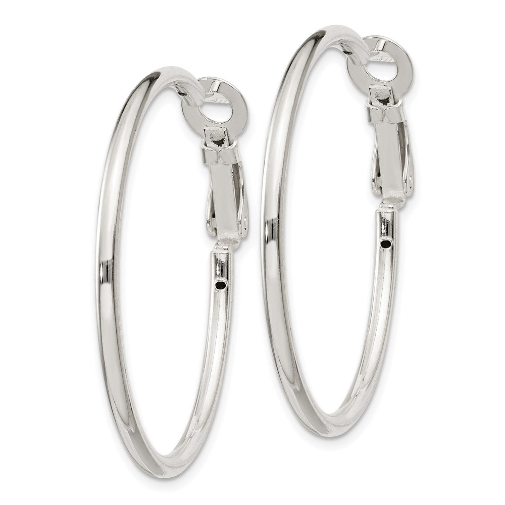 QE6634 Sterling Silver Polished 2x35mm Omega Back Round Hoop Earrings