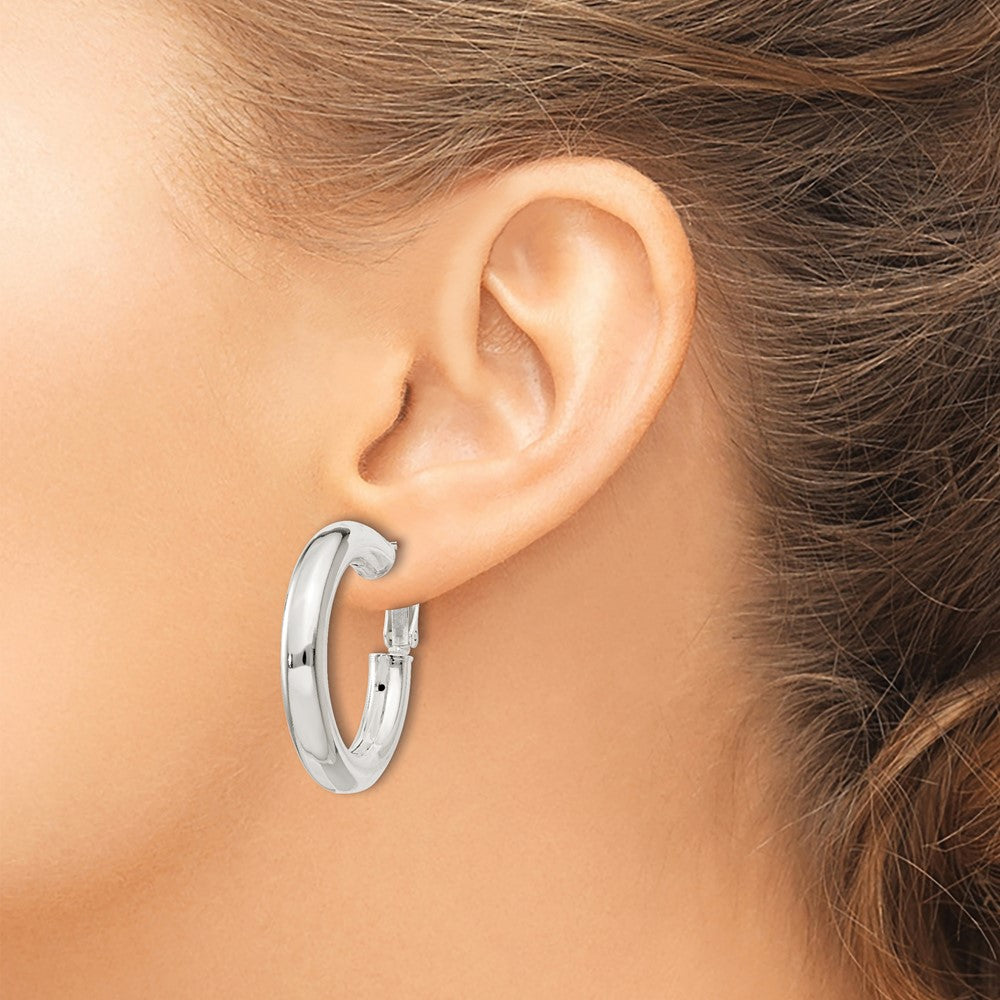 QE6637 Sterling Silver 5x30mm Omega Back Hoop Earrings