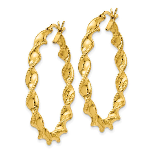 QE6663 Sterling Silver Gold Flash Plated Patterned Twisted 4x35mm Hoop Earrings