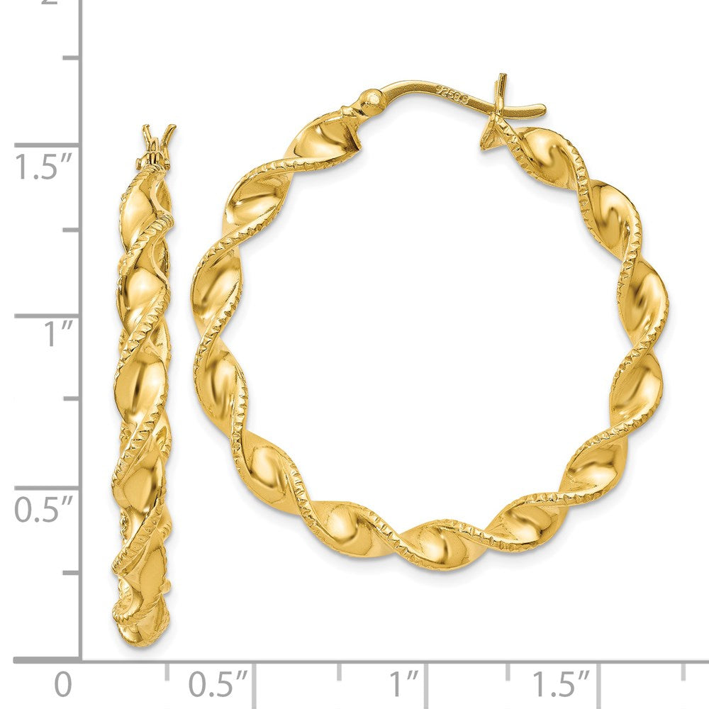 QE6663 Sterling Silver Gold Flash Plated Patterned Twisted 4x35mm Hoop Earrings
