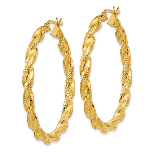 QE6668 Sterling Silver Gold Flash Plated Patterned Twisted 4x45mm Hoop Earrings