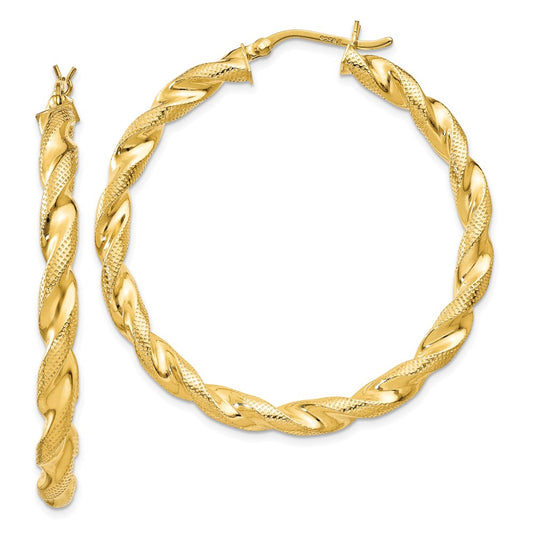 QE6668 Sterling Silver Gold Flash Plated Patterned Twisted 4x45mm Hoop Earrings