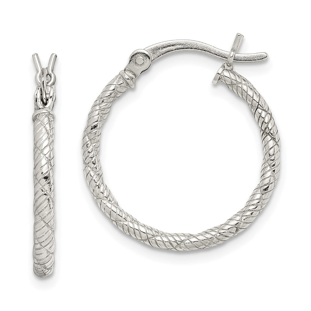 QE6710 Sterling Silver Rhodium-plated Patterned Twist 2x20mm Hoop Earrings