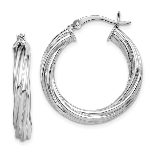 QE6717 Sterling Silver Rhodium-plated Twisted 4x25mm Hoop Earrings