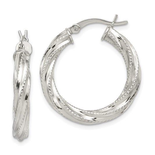 QE6727 Sterling Silver Rhod-plated Patterned Twisted 4x25mm Hoop Earrings