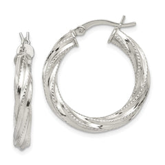 QE6727 Sterling Silver Rhod-plated Patterned Twisted 4x25mm Hoop Earrings