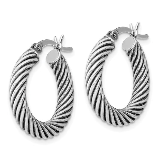 QE6728 Sterling Silver Antiqued 3.25x20mm Twisted Hoop Earrings