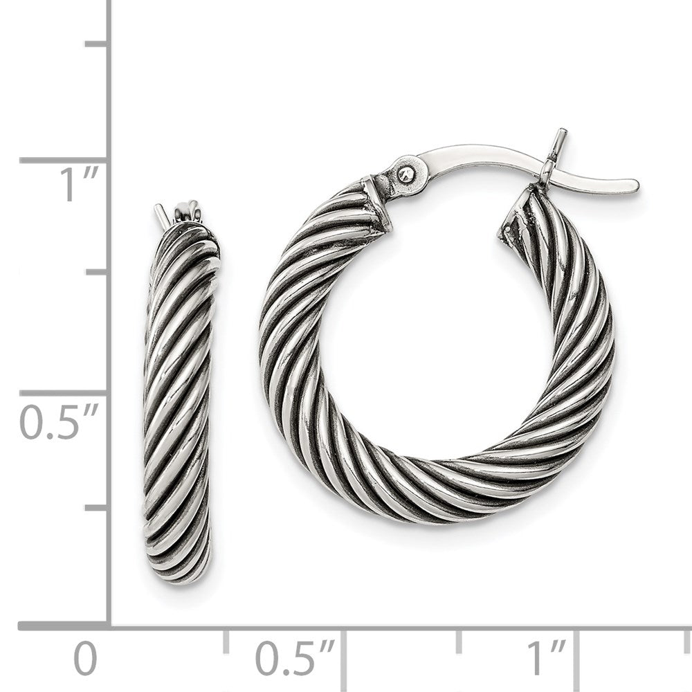 QE6728 Sterling Silver Antiqued 3.25x20mm Twisted Hoop Earrings