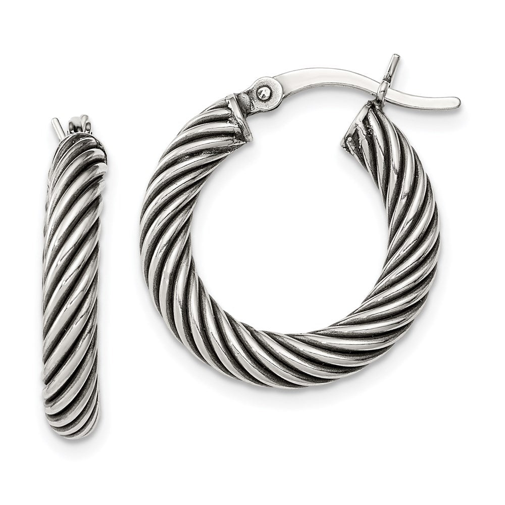 QE6728 Sterling Silver Antiqued 3.25x20mm Twisted Hoop Earrings