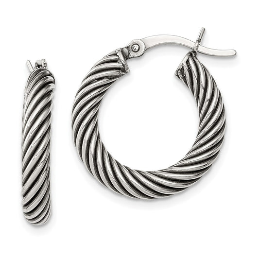 QE6728 Sterling Silver Antiqued 3.25x20mm Twisted Hoop Earrings
