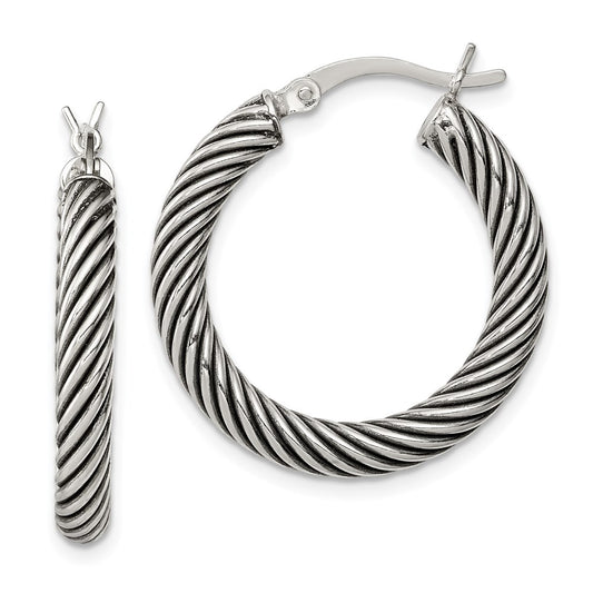 QE6729 Sterling Silver Antiqued 3.25x25mm Twisted Hoop Earrings