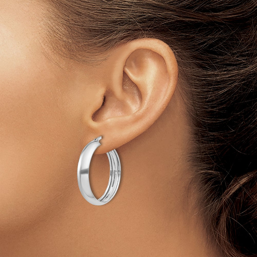 QE6735 Sterling Silver Rhodium-plated 6x30mm Polished Hoop Earrings
