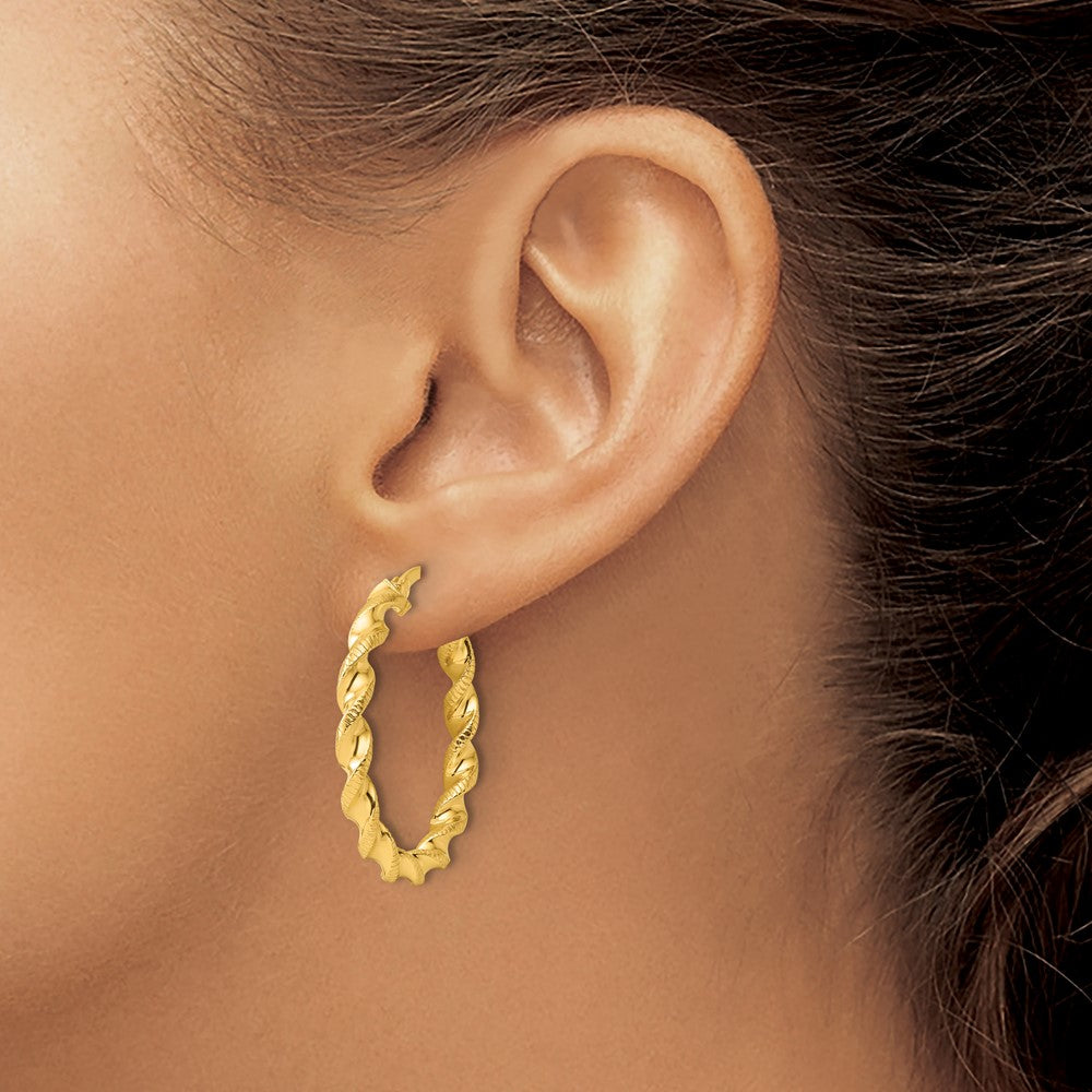 QE6753GP Sterling Silver Gold-tone Polished Twisted Textured Hoop Earrings